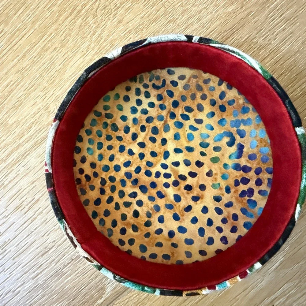 Handmade Fabric Coffee Tea Cup Trinket Box Round Red Velvet Trim Keepsake Case